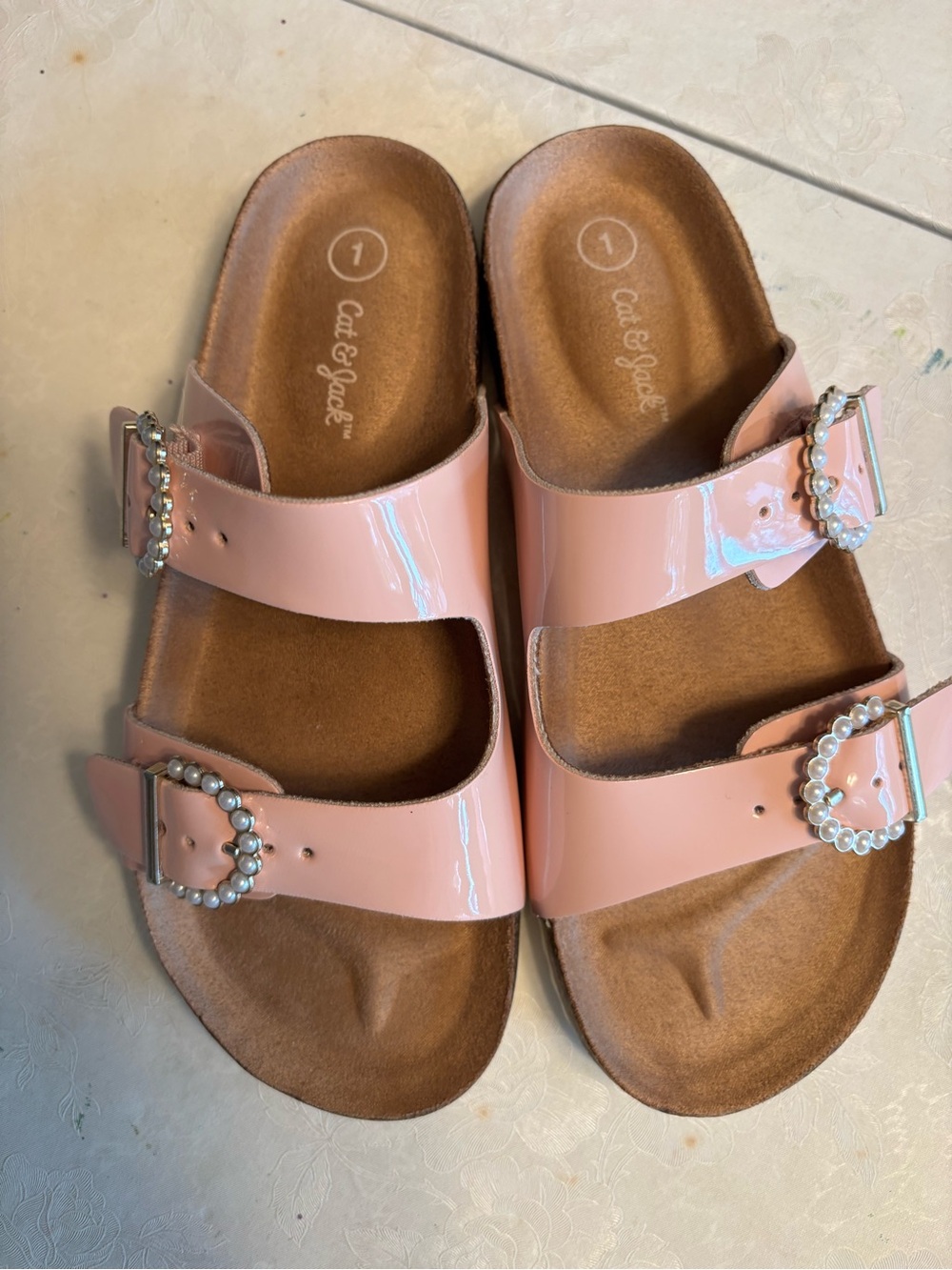 Cat & Jack Pink Patent Double-Buckle Pearl-Accent Slide Sandals size 1